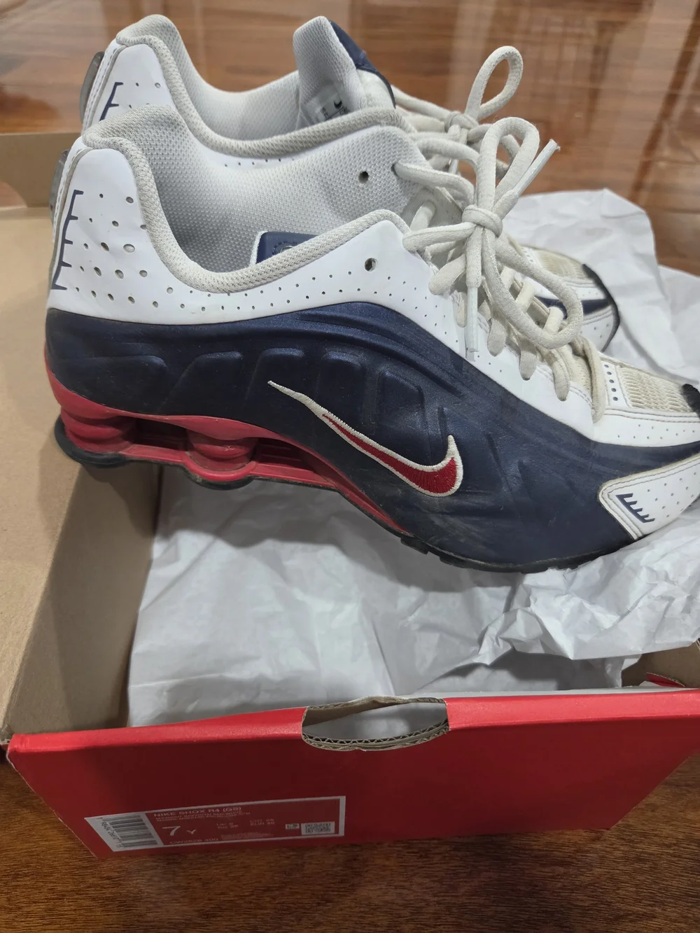 Boy's Nike Shox Running Sneakers - Navy Blue, White & Red